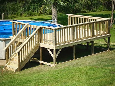 Above Ground Pool Deck Diy Pool Deck, Above Ground Pool With Deck, Pool With Deck, Oval Above Ground Pools, Decks Around Pools, Deck Gate, Solar Pool Cover, Above Ground Pool Deck, Amazing Swimming Pools