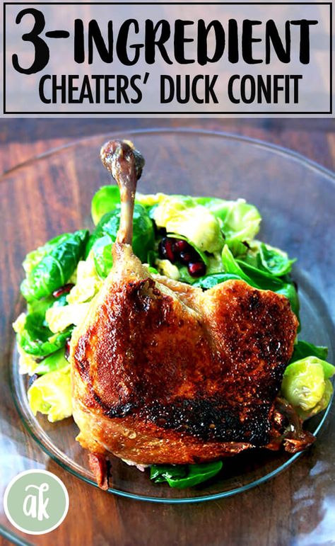 Cheater's Duck Confit — so easy and delicious! I learned how to make this 3-ingredient, 3-hour duck leg confit recipe working in a restaurant many years ago. I still use the technique today. All you need are duck legs, salt, butter and 3 hours. Bistro fare at home: Yes. You. Can. #duck #leg #confit #easy #cheaters Duck Leg Recipes, Confit Recipes, Duck Confit, Tasty Meat, Simple Green Salad, Roast Duck, Duck Recipes, 3 Ingredient, Stick Of Butter