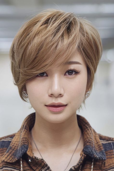 Side Swept Pixie with Different Layers Japanese Pixie Cut, Short Japanese Haircut, Short Korean Hairstyles, Side Swept Pixie, Long Pixie Bob, Sweeping Fringe, Japanese Haircut, Japanese Short Hair, Feathered Bob