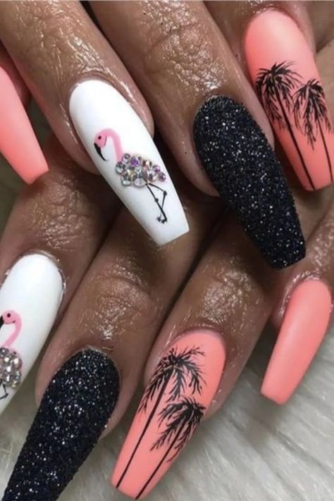 Flamingo Nails, Palm Tree Nails, Glitter Manicure, Tropical Nails, Red Acrylic Nails, Tree Nails, Trendy Nail Art, Summer Nails Colors, Luxury Nails