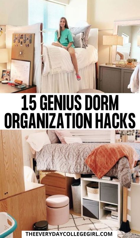 Dorm Tv Stand, Dorm Organization Hacks, College Dorm Closet, Dorm Room Organization Ideas, Dorm Closet Organization, Dorm Room Organization Storage, Lofted Dorm Beds, Pretty Dorm Room, Dorm Necessities