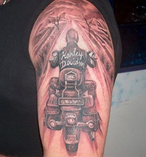 Biker Tattoos Designs, Harley Tattoos, Motorcycle Tattoo, Harley Davidson Tattoos, Sunset Tattoos, Motorcycle Tattoos, Bike Tattoos, Biker Tattoos, Back Of Shoulder Tattoo