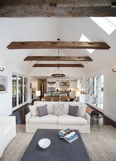 Vineyard Interior Design, Scandinavian House Plan, Marthas Vineyard Interior Design, Ceiling Beams Living Room, Vaulted Ceiling Beams, Cathedral Ceiling Living Room, Beams Living Room, Vaulted Ceiling Kitchen, Scandinavian House