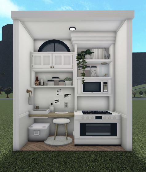 Bloxburg Back Board Code, Bloxburg Tiny Apartment Layout, Bloxburg Tiny Kitchen, Boo Burg Kitchen Ideas, Bloxburg Tiny Home Layout, Coffee Bar Bloxburg, Bloxburg Shelf Decor Ideas, Mood Station Bloxburg, Bloxburg Mudroom