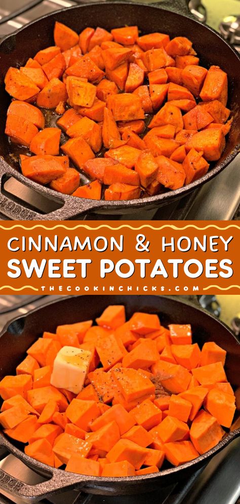 Give this simple Thanksgiving side dish a try! It's a Thanksgiving food idea featuring glazed sweet potatoes. Tossed with honey and cinnamon, this roasted sweet potato recipe is cozy and flavor-packed! Honey Glazed Sweet Potatoes, Thanksgiving Side Dish Ideas, Honey Sweet Potatoes, Christmas Side Dish, The Cookin Chicks, Food Sides, Glazed Sweet Potatoes, Chicke Recipes, Simple Thanksgiving