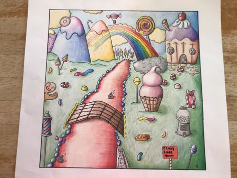 candyland drawing Candy Land Drawing, Candyland Drawing, Candyland Art, Candy Sketch, Fairytale Drawings, Desert Drawing, Candy Kingdom, Sweets Art, Town Drawing