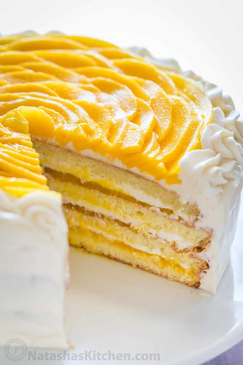 Mango Cake Recipe (VIDEO) - NatashasKitchen.com Mango Coconut Cake, Mango Cake Recipe, Cuban Party, Mango Mousse Cake, Layers Cake, Tropical Desserts, Mango Dessert Recipes, Layered Cakes, Mango Mousse