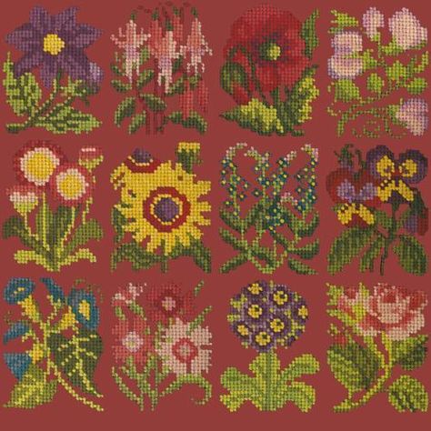 Cottage Garden Favourites Needlepoint Kit Elizabeth Bradley Design Dark Red Victorian Cross Stitch, Elizabeth Bradley, Needlepoint Pillow Kits, Flower Panels, Tapestry Kits, Needlepoint Tapestry, Kit Design, Needlepoint Pillows, Needlepoint Kits