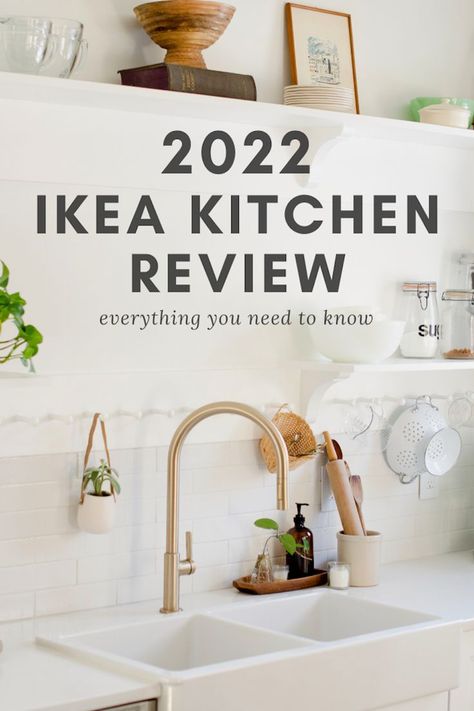 White ikea kitchen with gold accents Ikea Kitchen Review, Ikea White Countertop, Ikea Kitchen Countertops Quartz, Apron Sink Ikea Cabinet, Ikea Kitchen Cheap, Ikea Sink Kitchen, Ikea Sinks Kitchen, Ikea Worktop Kitchen, Ikea Kitchen Metod White