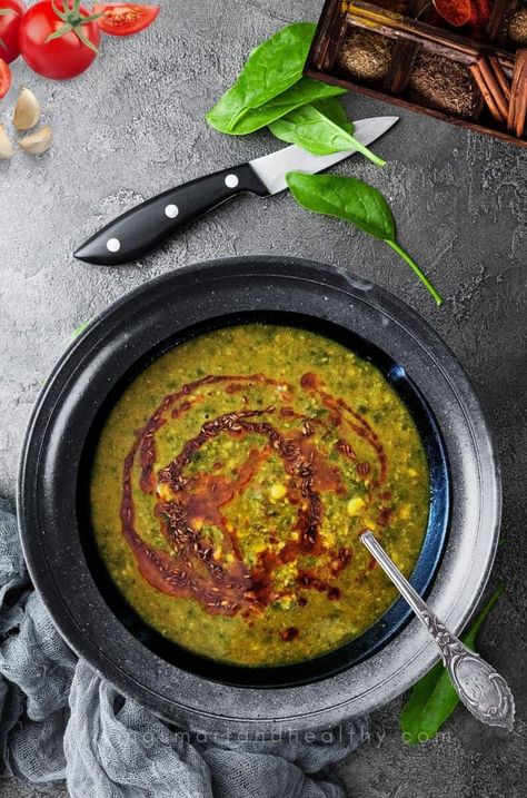 Sai Bhaji or spinach dal, is a unique blend of green leafy vegetables, and lentils. Highly nutritious, and easy to make in a pressure cooker. Lentil Dal Recipe, Spinach Dal, Okra Fries, Green Leafy Vegetables, Lentil Dal, Bhaji Recipe, Fenugreek Leaves, Dal Recipe, Leafy Vegetables