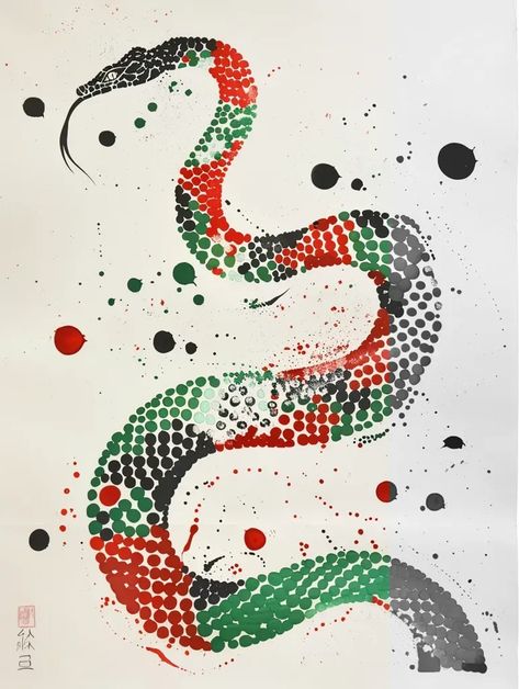 Full Color Image in ai-img-gen.com 🔸 The snake drawn by the brush, the snake is composed of polka dots, Wu Guanzhong style, polka dot sty... 🔸 From Midjourney AI Image Abstract Snake, Kusama Yayoi, Wu Guanzhong, Green Color Scheme, Inspirational Digital Art, Snake Drawing, Green Color Schemes, Color Image, Yayoi Kusama