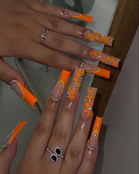 Tangerine Nails Design, Fall Nail Sets, Tangerine Nails, Boujee Nails, Cow Nails, Long Acrylic Nails Coffin, Nail Sets, Long Acrylic, Long Square Acrylic Nails