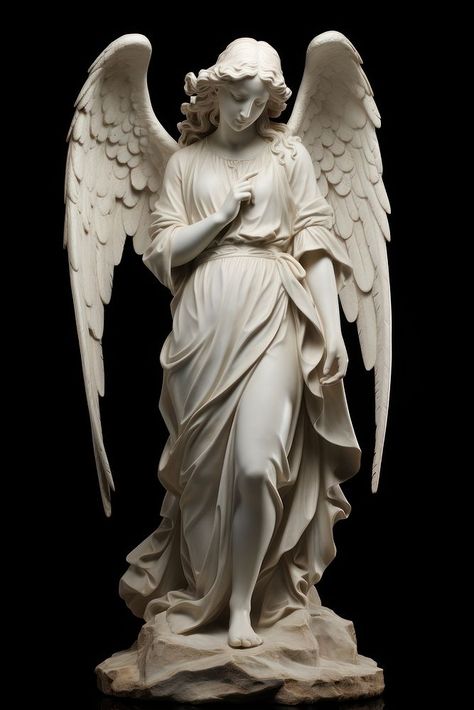 Angel Statue angel standing statue. AI generated Image by rawpixel. | premium image by rawpixel.com / Hein Creepy Angel Statue, Angle Statue Sculpture, Marble Angel Statue, Black Angel Statue, Greek Statues Reference, Statue For Drawing, Angel Looking Down, Halo Reference Angel, Angel Sculpture Statues