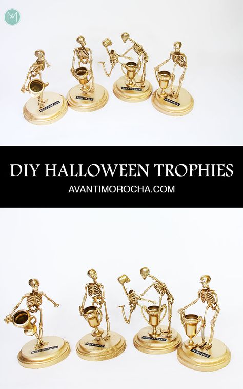 Skeleton Award Trophy, Diy Trophies Dollar Tree, Best Costume Trophy Diy, Halloween Awards Diy, Diy Halloween Trophy, Halloween Trophy Ideas Diy, Skeleton Trophies Diy, Diy Halloween Trophies, Best Costume Prize Ideas