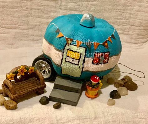 Handpainted pumpkin in the style of a vintage camper - so cute! Makes such an adorable display! Perfect for a fairy garden. Camper Pumpkin, Valentine Card Box, Pumpkin Contest, Pumpkin Painting Ideas, Pumpkin Carvings, Pumpkin Carving Patterns, Painted Pumpkin, Pumpkin Carvings Stencils, Fall Things