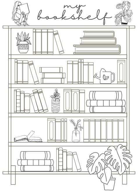 Track the books you read by writing the titles into this whimsical print out page. Color in each book until the shelf is full. Book On Shelf Drawing, Printable Book Journal Pages, Book Shelf Sketch, Reading Journal Title Page, Reading Tracker Printable, Reading Journal Printable, Book Reading Journal, Book Tracker, Digital Reading