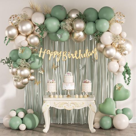 Green And White Birthday Party Ideas, Birthday/retirement Party, Sage Birthday Theme, Enchanted Birthday Party Ideas, Green And Silver Birthday Decorations, 18th Birthday Party Color Schemes, Sage Green Balloon Decorations, Green And Gold Birthday Theme, Green Gold Decorations Party