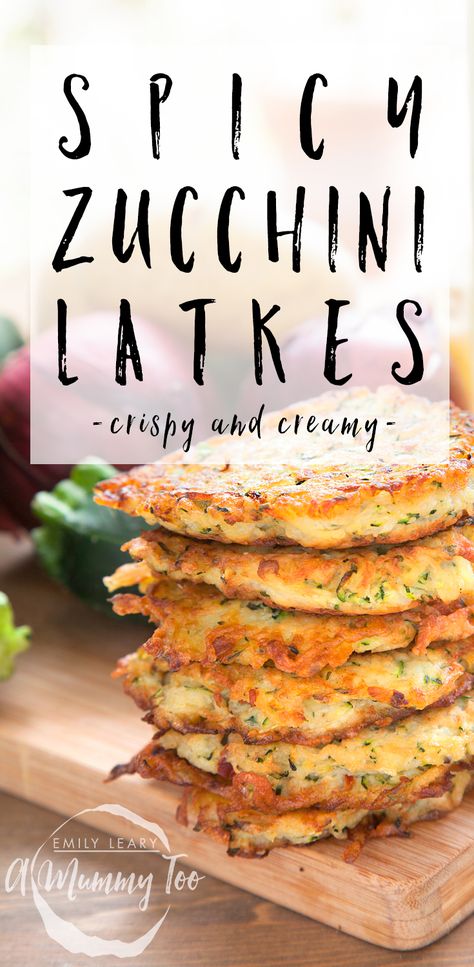 Spicy courgette (zucchini) latkes make for a fantastic springtime lunch or as a side. Zucchini Latkes, Spicy Zucchini, Potato Latkes, Garlic Puree, Cooking With Coconut Oil, Beef Stroganoff, Chilli Flakes, British Food, Savory Breakfast