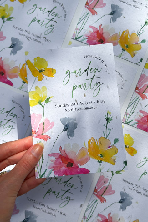 garden party invite on seed paper, featuring a floral border Wedding Invitations Garden Party, Seed Paper Wedding Invitations, Aesthetic Wedding Invitations, Garden Party Wedding Invitations, Seed Paper Invitations, Wedding Diy Ideas, Design Seed, Garden Party Invitations, Seeded Paper