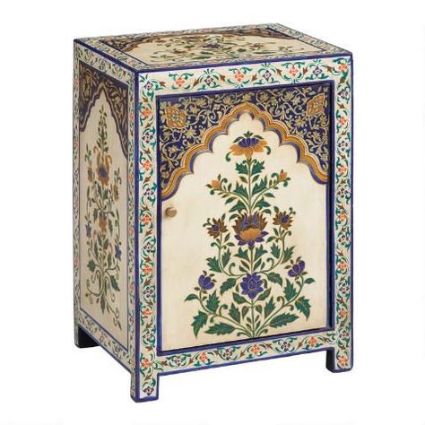 Hand Painted Blue Floral Mughal Cabinet | World Market Cabinet Nightstand, Antique Coffee Tables, Living Room Decor Furniture, Cabinets Storage, Storage Furniture Living Room, Mughal Paintings, Bedside Table Storage, Decorative Cabinet, Wood Storage Cabinets