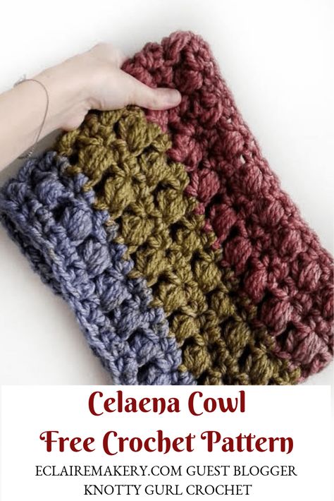 Celaena Cowl Free Crochet Pattern: Guest Blogger Knotty Gurl Crochet | E'Claire Makery Crochet Chunky Cowl, Wearable Accessories, Crochet Cowl Free Pattern, Crochet Cowls, Cowl Crochet, Crochet Scarfs, Crochet Neck Warmer, Crochet Box, Crochet Baskets