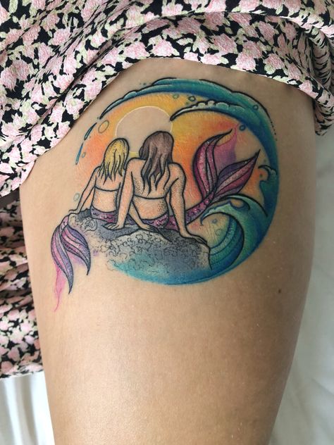 Mermaid Sunset Tattoo, Mermaid Best Friend Tattoos, Sister Mermaid Tattoos, Mermaid Sisters Tattoo, Mother Daughter Mermaids, Sunset Tattoo, Pug Tattoo, Sister Tattoo Designs, Mermaid Tattoo Designs