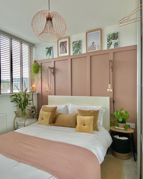 Spare Room Panelling, Pink And White Panelling, Salmon Walls Bedroom, Half Panel Half Wallpaper Bedroom, Bedrooms With Paneling, Dusky Pink Panelling Bedroom, Girls Bedroom Ideas Panelling, Pink Bedroom Panelling, Peach Accent Wall Bedroom