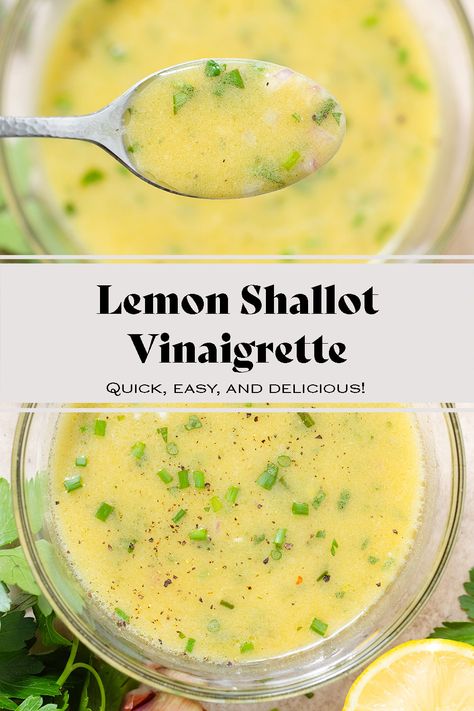 This Lemon Shallot Vinaigrette is bright, flavorful, and so easy to make! All you need is a jar or a bowl and you can have a delicious vinaigrette ready in as little as 5 minutes! Perfect on salads of any kind! It's my go-to vinaigrette and always a hit! Salads Bowls, Shallot Vinaigrette, Roasted Shallots, Homemade Spice Mix, Breakfast Appetizers, Veggie Wraps, Lemon Vinaigrette, Spinach Smoothie, Vegan Sauces