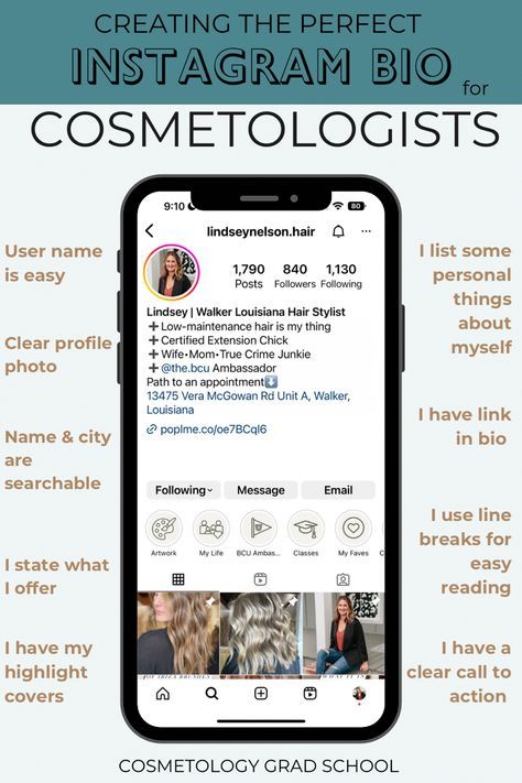 See how you should set up your Instagram Bio as a new Cosmetologist. #hairstylist #cosmetology #socialmediamarketing Instagram Bio For Hairstylist, Hairstylist Bio Instagram, Hairstylist Bio Examples, Cosmetology School Tips Student, Hairstylist Content Ideas, Cosmetology Tips, Future Cosmetologist, Perfect Instagram Bio, Salon Marketing Social Media