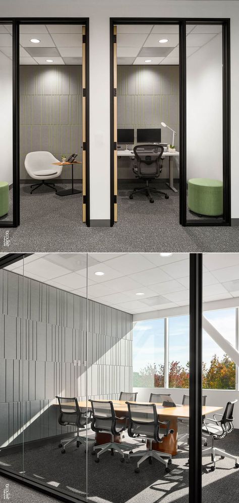 Designer Uesugi and Associates teamed up with Acoufelt to create a flexible, modern workspace in Fresno, CA. The design features Acoufelt’s Fracture Two-Tone acoustic panels, known for their visual appeal and functional adaptability. These panels, with a Noise Reduction Coefficient (NRC) of 0.55, were installed in meeting rooms, break-out areas, the canteen, and open desk spaces, enhancing focus, communication, and privacy throughout the office. Open Desk, Desk Spaces, Modern Workspace, Office Space Corporate, Acoustic Panel, Meeting Rooms, Desk Space, Corporate Office, Acoustic Panels