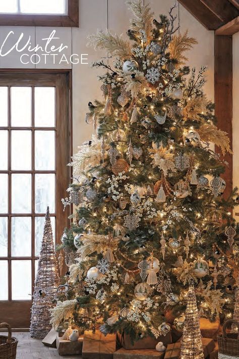 winter cottage christmas tree by raz, new for 2022 Christmas Tree Ideas 2022, Natural Christmas Tree, Woodland Tree, Christmas Destinations, Holiday 2022, Winter Cottage, Nap Mat, Gold Christmas Decorations, Cottage Christmas