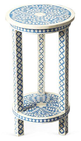 Kayla Side Table, Blue - Standard Side Tables - Side Tables - Living Room - Furniture | One Kings Lane Bone Inlay Table, Bone Inlay Side Table, Bone Inlay Furniture, Mosaic Inlay, Inlay Furniture, Round Stool, Bone Inlay, Quality Furniture, Contemporary Furniture