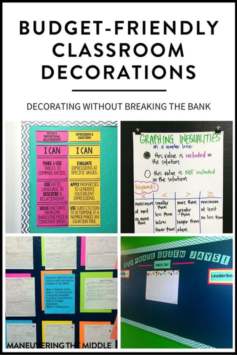 4 ideas to create classroom decorations on a budget.  No need to spend hundreds of dollars decorating your classroom.  Cheap and easy classroom decor! | http://maneuveringthemiddle.com Comfy Classroom, Easy Classroom Decor, Business Classroom, Campground Ideas, Classroom Prep, Teaching Classroom Decor, Decorations On A Budget, Classroom Decor High School, Elementary Learning