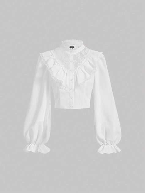 Blouse With Ruffle Sleeves, White Shirt Puffy Sleeves, Cute White Blouse, White Frilly Top, White Blouses For Women Classy, Ruffle Outfits Women, White Collar Blouse, White Flowy Shirt, Long White Blouse