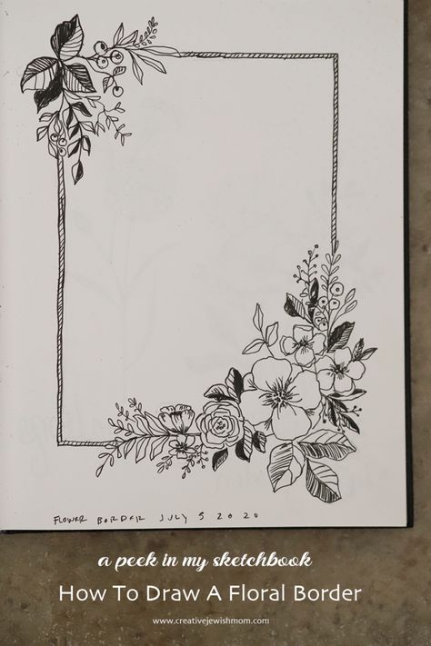 Flower Boder Degin, Floral Doodle Border, Plant Border Ideas Drawing, Flower Edge Border Drawing, Floral Sketches Design, Floral Journal Cover, Border Design For Cards, Border Painting Ideas, Plant Border Drawing