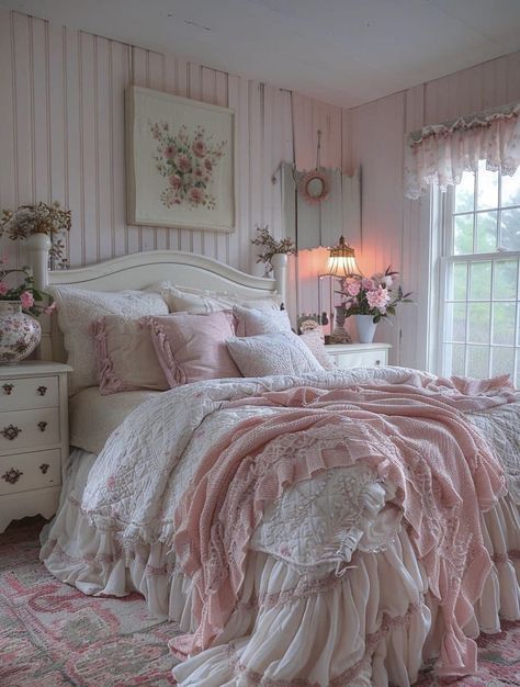 Pink Shabby Chic Bedroom, Vintage Shabby Chic Bedroom, Bedroom Ideas Romantic, Shabby Chic Decor Bedroom, Chic Bedroom Decor, Pink Bedrooms, Shabby Chic Bedroom, Chic Spaces, Shabby Chic Bedrooms