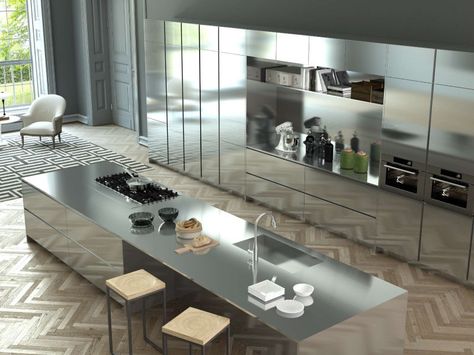 Modern Kitchen Models, Area Gourmet, Stainless Kitchen, Kitchen Models, Kitchen Furniture Design, Design Del Prodotto, Luxury Kitchens, Steel Kitchen, Wood Flooring