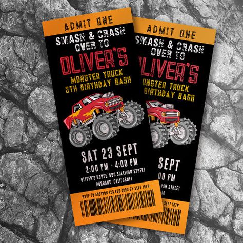 Monster Truck Ticket Birthday Party Invitation #zazzle #weddinginvitations #birthdayinvitations #babyshowerinvitations #zazzleinvitations #monogram #businesscards #graduation #homedecor Monster Truck Party Invitations, Monster Truck Theme Birthday Party, Monster Jam Birthday Party, Truck Party Invitations, Monster Jam Birthday, Monster Jam Party, Monster Truck Theme, Festa Hot Wheels, 5th Birthday Party Ideas