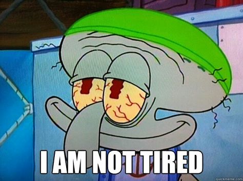 I am not tired. Me after 16hr shift and no sleep night before! No Sleep Meme, Tired Cartoon, Sleep Meme Funny, Squidward Meme, Sleep Meme, No Sleep, Sleep Funny, Spongebob Memes, You Meme