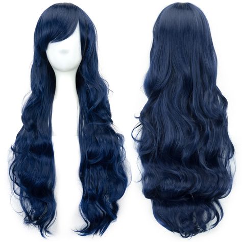 PRICES MAY VARY. Material: Heat-resistant synthetic fiber, soft touch,natural glossy,just like human hair,curly wavy fashion style for women laides girls. No Glue: Glueless none lace cap,real like scalp top,breathable rose net, middle part pre plucked, fashion looking and easy wear to go, no worry about lace or edges any more. No glue needed, more heathy and comfortable. Size: Average size by default, with adjustable straps and elastical inner mesh, you can adjust size to be well blended accordi Dark Blue Long Hair, Emily Costume, Dark Blue Wig, Blue Wig With Bangs, Rainbow Wig, Bride Costume, Marge Simpson, Green Wig, Blue Wig