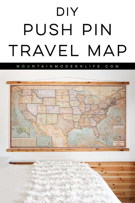 Whether you love to travel, plan to, or simply dream of doing it someday, this DIY push pin travel map is the perfect way to document your adventures! MountainModernLife.com #wanderlust #map #vintagemap #pushpinmap #rvlife #rvrenovation via @MtnModernLife Diy Travel Map Pin Board, Travel Board Diy, Travel Map Pin Boards, Push Pin Travel Map Ideas, Push Pin Map Diy, Travel Map Ideas, Travel Map Diy Pin Boards, Push Pin Travel Map Usa, Map On Wall