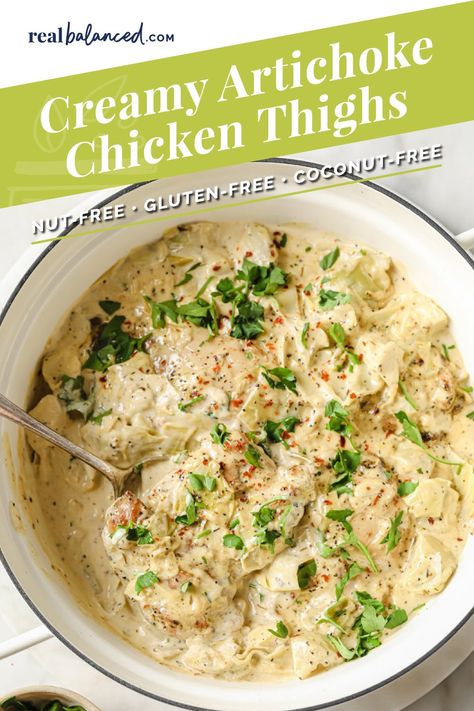 This Creamy Skinless Chicken Thighs with Artichoke Hearts recipe features chicken thighs coated in a flavorful spice mixture before being seared until golden brown. Butter, minced garlic, heavy whipping cream, and chicken stock create the luscious cream sauce. Artichokes and lemon juice are added for a unique texture and flavor that pair wonderfully with the cream sauce. This delectable meal is perfect for date night or family dinners and can be made in just 30 minutes! #realbalancedblog Creamy Artichoke Chicken, Artichoke Hearts Recipe, Wild Diet, Artichoke Heart Recipes, Artichoke Chicken, Low Carb Vegetables, Skinless Chicken Thighs, Whipping Cream, Artichoke Hearts