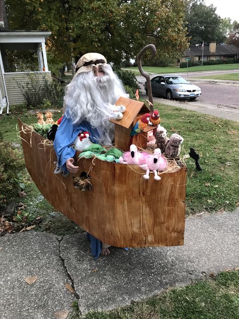 This Noah’s Ark costume was a huge hit at our local church Trunk or Treat we went to. I made the ark out of heavy cardboard that I painted with stain and used plastic screws with backs on them to hold it together. I did use a few zip ties to hold the top together ... Read more The post Cool DIY Noah and his Ark Costume appeared first on Coolest Homemade Costumes. Noahs Ark Costume, Noah Costume, Modest Halloween Costumes, Church Trunk, Biblical Costumes, Box Costumes, Homemade Costume, Adult Halloween Party, Noah S Ark