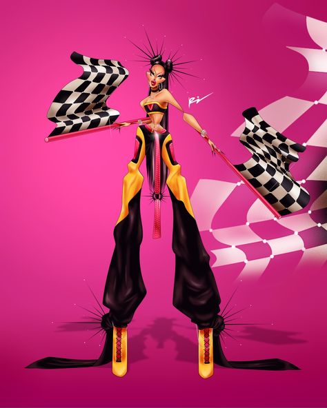 Pink, yellow and black racing inspired outfit. With racing flags in each hand. Drag Race Season 15 Promo, Race Queen Outfit, Drag Illustration, Drag Race Season 15, Drake Video, Race Night, Invisible Monsters, Y2k Fashion Outfit, High Fashion Poses