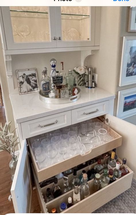 Dry Bar Organization Ideas, Small Built In Bar In Living Room, Alcohol Storage In Pantry, Pocket Door Bar Cabinet, Wine Pantry Ideas, Snack Bar In Kitchen, Built In Bar Under Stairs, Small Closet Bar Ideas, Drinks Station Kitchen