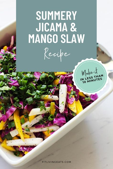 Try this recipe for crunchy and light jicama and mango slaw with a poppy seed lime vinaigrette. It's the perfect dish to serve as a side or even as a topping option for your taco bar! Get the details >> https://www.fitlivingeats.com/summery-jicama-mango-slaw/ Jicama Recipes Mexican, Mango Slaw Recipes, Jicama Recipe, Jicama Slaw, Mango Slaw, Lime Vinaigrette, Colorful Dishes, Vegetarian Cabbage, Healthy Summer Recipes