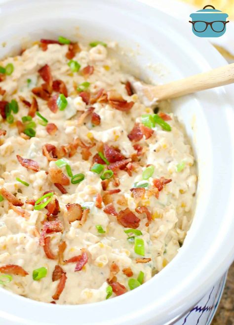 Jalapeno Popper Corn Dip shown in a small oval slow cooker and wooden spoon for serving. Nye Dips, Best Chip Dip, Dip Video, Dip Recipes Crockpot, Southern Appetizers, Dip For Tortilla Chips, Cheese Spreads, Crockpot Appetizers, Crock Pot Dips