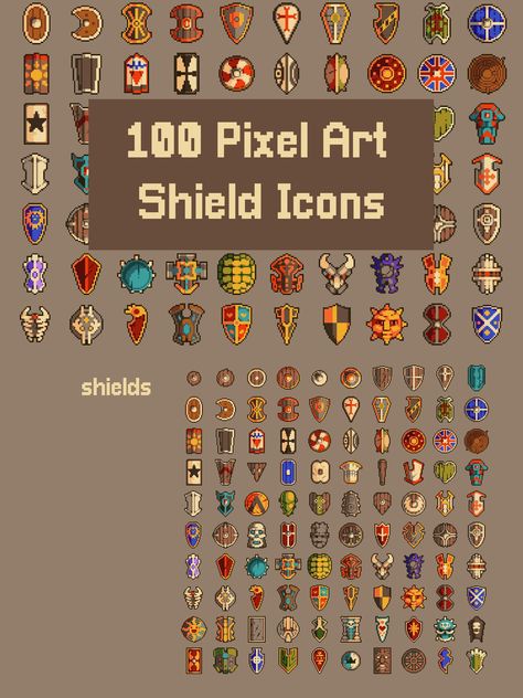 Introducing Shield RPG Icons 32×32 Pixel Art. This is are a very important element of any 2D game project. Here are collected as many as 100 icons, which are well designed in 32×32 resolution. As a result, you can easily combine them with any genre of a modern 2D game (RPG, MMO-RPG, runner, platformer, battle, tower defense, action, card game, etc.). Shield Rpg, Boardgame Design, 32x32 Pixel Art, Minecraft Textures, Rpg Icons, Battle Brothers, Shield Icon, Diy Kids Games, Cool Pixel Art