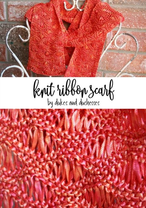 Use light ribbon yarn and this simple wavy scarf pattern to knit a gorgeous ribbon scarf that can be worn any time of the year! Knitting With Ribbon Yarn, Ribbon Yarn Knitting Patterns, Crochet With Ribbon Yarn, Ribbon Yarn Projects, Ribbon Knitting, Ribbon Yarn Scarf, Knitted Scarfs, Grandma Knitting, Easy Scarf Knitting Patterns