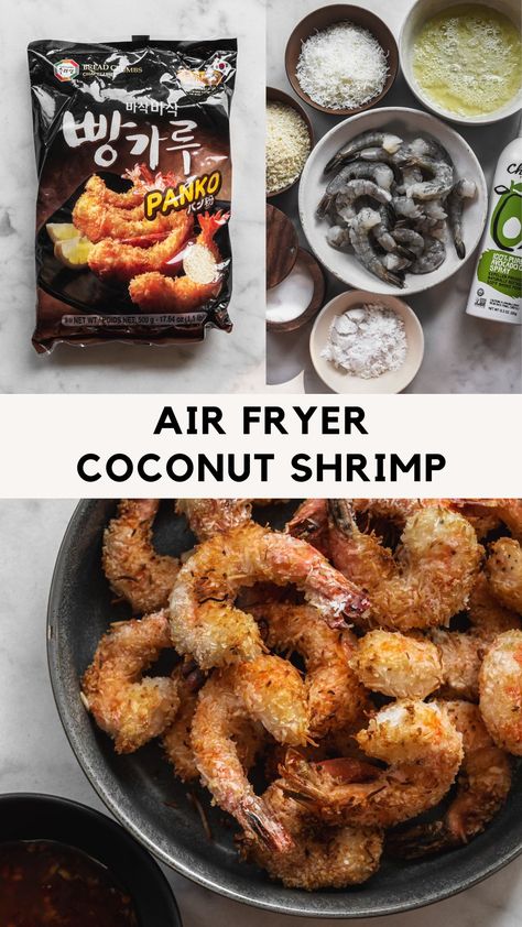 air fryer coconut shrimp -- ingredients and in bowl Coated Shrimp, Meal With Rice, Air Fryer Coconut Shrimp, Popcorn Shrimp, Crispy Shrimp, Cheap Easy Meals, Salad Healthy, Summer Meal, Easy Summer Meals